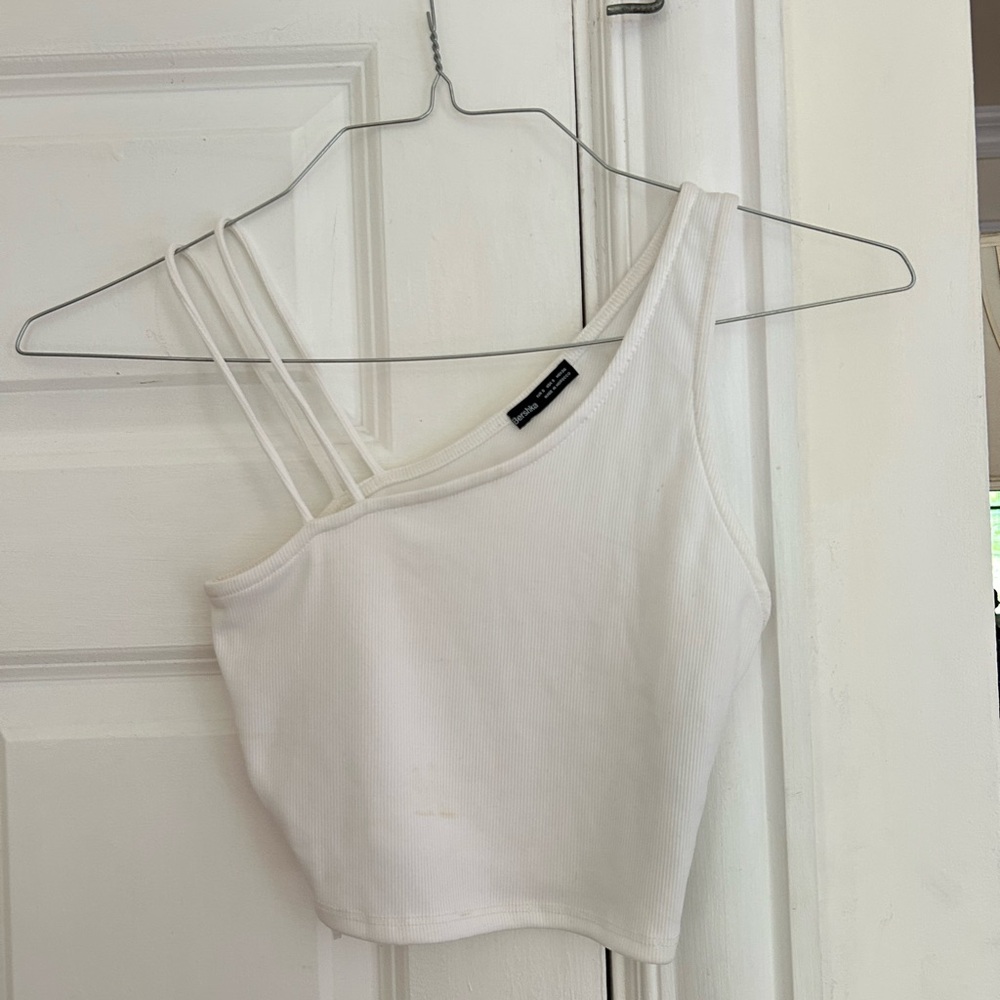 Bershka White Asymmetrical Crop Tank Top